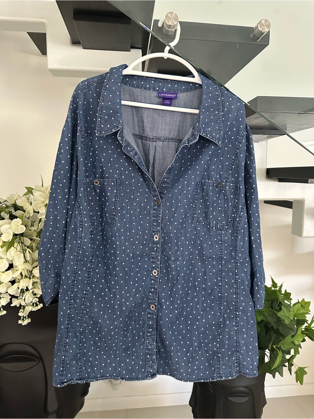 Catherines Navy Blue Polka Dot Denim Button-Front Shirt